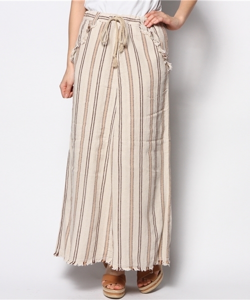 goa(ゴア)の「綿麻ストライプピグメント ロングスカート(スカート・レディース・アイボリー/ベージュ・FREE)」の1枚目の写真