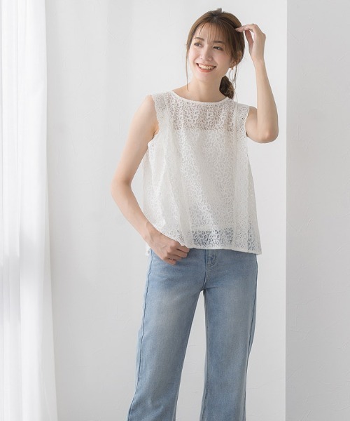 Pierrot(ピエロ)の「ラッセルレースノースリーブブラウス(シャツ/ブラウス・レディース・ホワイト/グリーン/ブラック・M)」の22枚目の写真