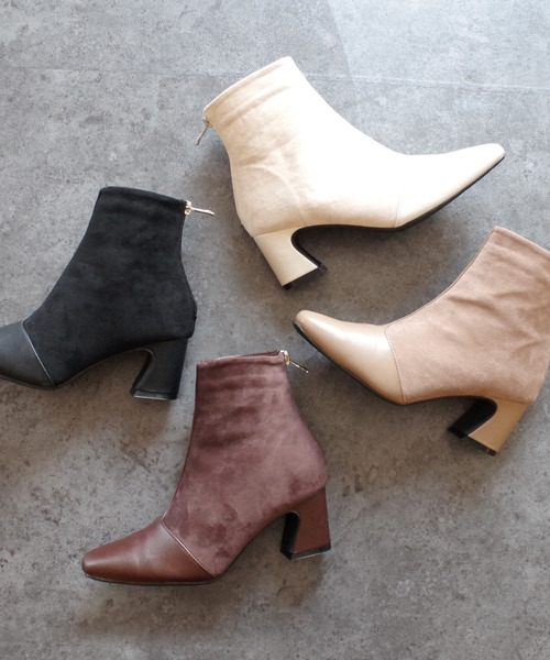 AmiAmi（アミアミ）の「スクエアトゥ異素材切り替えショートブーツ（ブーツ・レディース・ブラック/ダークブラウン/ベージュ/アイボリー・LL/S/M/L）」の4枚目の写真