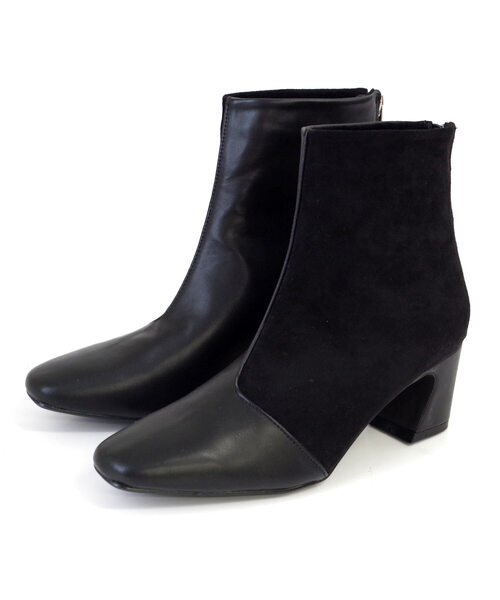 AmiAmi（アミアミ）の「スクエアトゥ異素材切り替えショートブーツ（ブーツ・レディース・ブラック/ダークブラウン/ベージュ/アイボリー・LL/S/M/L）」の5枚目の写真