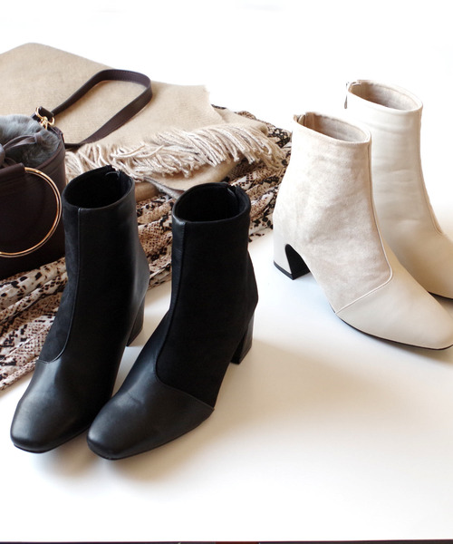 AmiAmi（アミアミ）の「スクエアトゥ異素材切り替えショートブーツ（ブーツ・レディース・ブラック/ダークブラウン/ベージュ/アイボリー・LL/S/M/L）」の9枚目の写真