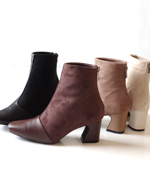 AmiAmi（アミアミ）の「スクエアトゥ異素材切り替えショートブーツ（ブーツ・レディース・ブラック/ダークブラウン/ベージュ/アイボリー・LL/S/M/L）」の8枚目の写真