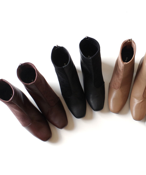 AmiAmi（アミアミ）の「スクエアトゥ異素材切り替えショートブーツ（ブーツ・レディース・ブラック/ダークブラウン/ベージュ/アイボリー・LL/S/M/L）」の15枚目の写真