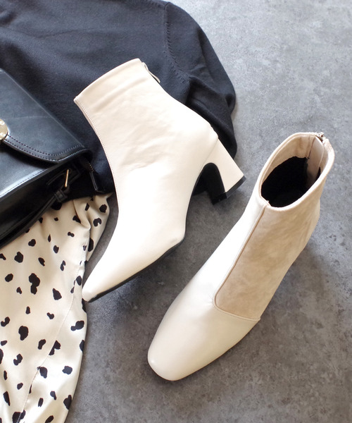 AmiAmi（アミアミ）の「スクエアトゥ異素材切り替えショートブーツ（ブーツ・レディース・ブラック/ダークブラウン/ベージュ/アイボリー・LL/S/M/L）」の7枚目の写真