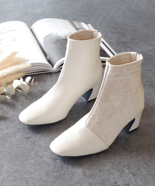 AmiAmi（アミアミ）の「スクエアトゥ異素材切り替えショートブーツ（ブーツ・レディース・ブラック/ダークブラウン/ベージュ/アイボリー・LL/S/M/L）」の17枚目の写真