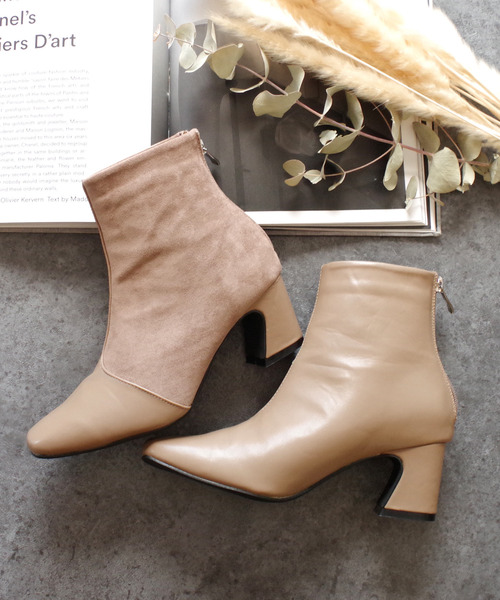 AmiAmi（アミアミ）の「スクエアトゥ異素材切り替えショートブーツ（ブーツ・レディース・ブラック/ダークブラウン/ベージュ/アイボリー・LL/S/M/L）」の18枚目の写真