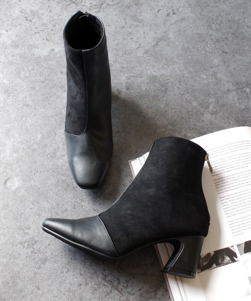 AmiAmi（アミアミ）の「スクエアトゥ異素材切り替えショートブーツ（ブーツ・レディース・ブラック/ダークブラウン/ベージュ/アイボリー・LL/S/M/L）」の21枚目の写真