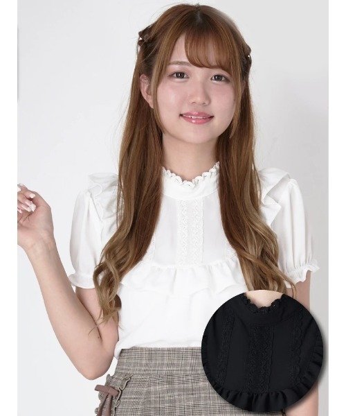 Ank Rouge(アンクルージュ)の「ラウンドヨークフリルパフブラウス(シャツ/ブラウス・レディース・ブラック/オフホワイト・M)」の10枚目の写真