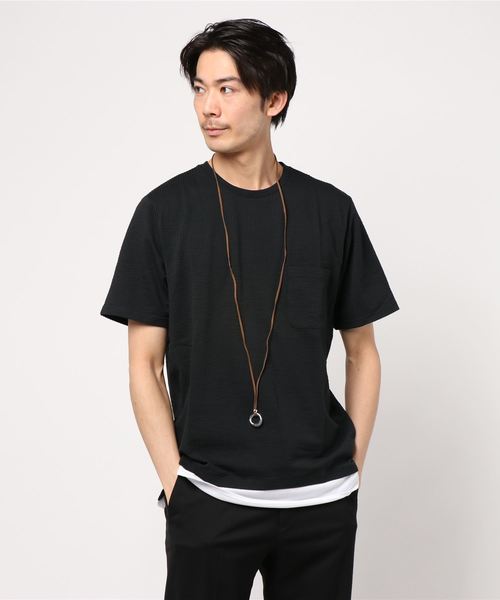 STYLEBLOCK(スタイルブロック)の「リングネックレス付きサッカーストレッチフェイクレイヤードポケットTシャツ(Tシャツ/カットソー・メンズ・ネイビー/ホワイト×ブラック/ブラック×ホワイト・M/L/LL)」の1枚目の写真