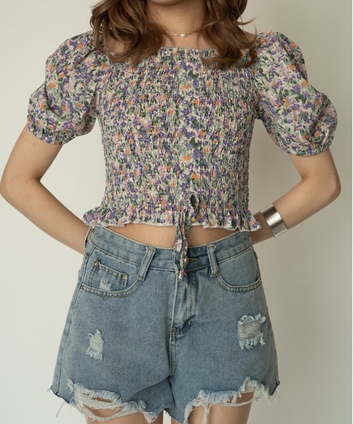 yuue' ( wear )(ユーイ)の「シャーリング総柄パフスリーブトップス(Tシャツ/カットソー・レディース・パープル/イエロー・FREE)」の10枚目の写真