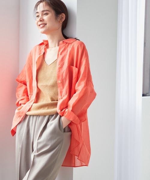 ROPE'（ロペ）の「【洗える】コットンオーガンジーBIGシャツ（シャツ/ブラウス・レディース・ダークブラウン/オフホワイト/オレンジ・38）」の7枚目の写真