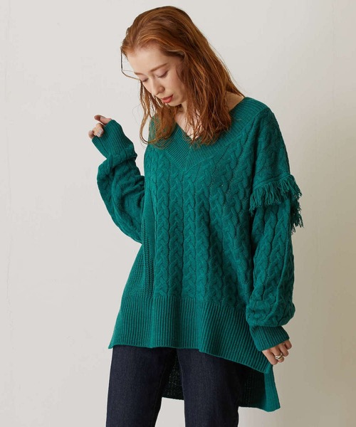 FLEUR DE KALINA（フレールドゥカリーナ）の「【FLEUR DE KALINA/ﾌﾚｰﾙ ﾄﾞｩ ｶﾘｰﾅ】 ｹｰﾌﾞﾙ切替ﾌﾘﾝｼﾞｱｰﾑﾆｯﾄﾌﾟﾙｵｰﾊﾞｰ（ニット/セーター・レディース・ホワイト/グリーン/ブラック・FREE）」の3枚目の写真