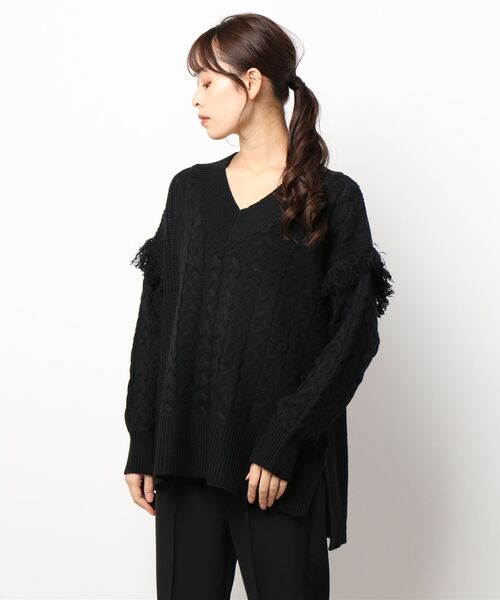 FLEUR DE KALINA（フレールドゥカリーナ）の「【FLEUR DE KALINA/ﾌﾚｰﾙ ﾄﾞｩ ｶﾘｰﾅ】 ｹｰﾌﾞﾙ切替ﾌﾘﾝｼﾞｱｰﾑﾆｯﾄﾌﾟﾙｵｰﾊﾞｰ（ニット/セーター・レディース・ホワイト/グリーン/ブラック・FREE）」の7枚目の写真