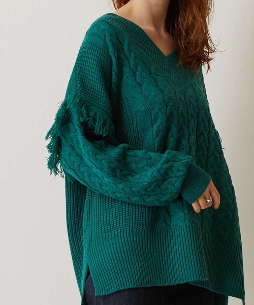 FLEUR DE KALINA（フレールドゥカリーナ）の「【FLEUR DE KALINA/ﾌﾚｰﾙ ﾄﾞｩ ｶﾘｰﾅ】 ｹｰﾌﾞﾙ切替ﾌﾘﾝｼﾞｱｰﾑﾆｯﾄﾌﾟﾙｵｰﾊﾞｰ（ニット/セーター・レディース・ホワイト/グリーン/ブラック・FREE）」の16枚目の写真