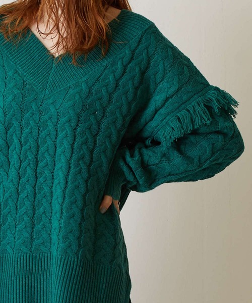 FLEUR DE KALINA（フレールドゥカリーナ）の「【FLEUR DE KALINA/ﾌﾚｰﾙ ﾄﾞｩ ｶﾘｰﾅ】 ｹｰﾌﾞﾙ切替ﾌﾘﾝｼﾞｱｰﾑﾆｯﾄﾌﾟﾙｵｰﾊﾞｰ（ニット/セーター・レディース・ホワイト/グリーン/ブラック・FREE）」の15枚目の写真