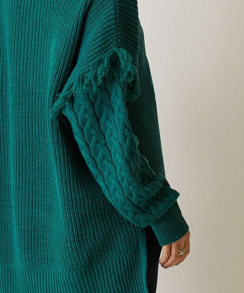 FLEUR DE KALINA（フレールドゥカリーナ）の「【FLEUR DE KALINA/ﾌﾚｰﾙ ﾄﾞｩ ｶﾘｰﾅ】 ｹｰﾌﾞﾙ切替ﾌﾘﾝｼﾞｱｰﾑﾆｯﾄﾌﾟﾙｵｰﾊﾞｰ（ニット/セーター・レディース・ホワイト/グリーン/ブラック・FREE）」の14枚目の写真