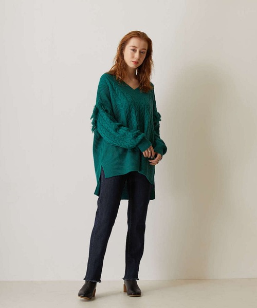 FLEUR DE KALINA（フレールドゥカリーナ）の「【FLEUR DE KALINA/ﾌﾚｰﾙ ﾄﾞｩ ｶﾘｰﾅ】 ｹｰﾌﾞﾙ切替ﾌﾘﾝｼﾞｱｰﾑﾆｯﾄﾌﾟﾙｵｰﾊﾞｰ（ニット/セーター・レディース・ホワイト/グリーン/ブラック・FREE）」の13枚目の写真