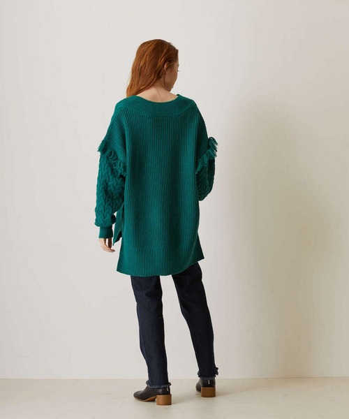 FLEUR DE KALINA（フレールドゥカリーナ）の「【FLEUR DE KALINA/ﾌﾚｰﾙ ﾄﾞｩ ｶﾘｰﾅ】 ｹｰﾌﾞﾙ切替ﾌﾘﾝｼﾞｱｰﾑﾆｯﾄﾌﾟﾙｵｰﾊﾞｰ（ニット/セーター・レディース・ホワイト/グリーン/ブラック・FREE）」の11枚目の写真