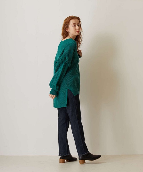 FLEUR DE KALINA（フレールドゥカリーナ）の「【FLEUR DE KALINA/ﾌﾚｰﾙ ﾄﾞｩ ｶﾘｰﾅ】 ｹｰﾌﾞﾙ切替ﾌﾘﾝｼﾞｱｰﾑﾆｯﾄﾌﾟﾙｵｰﾊﾞｰ（ニット/セーター・レディース・ホワイト/グリーン/ブラック・FREE）」の10枚目の写真