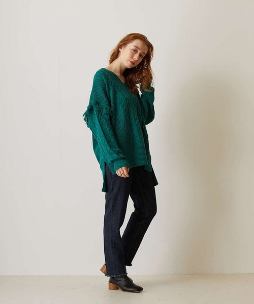 FLEUR DE KALINA（フレールドゥカリーナ）の「【FLEUR DE KALINA/ﾌﾚｰﾙ ﾄﾞｩ ｶﾘｰﾅ】 ｹｰﾌﾞﾙ切替ﾌﾘﾝｼﾞｱｰﾑﾆｯﾄﾌﾟﾙｵｰﾊﾞｰ（ニット/セーター・レディース・ホワイト/グリーン/ブラック・FREE）」の9枚目の写真