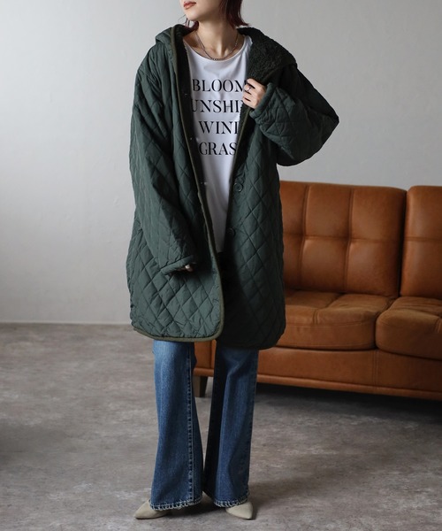 Fizz（フィズ）の「フード付き　裏ボアキルティングコート（ナイロンジャケット・レディース・ブラック/ベージュ/グリーン/アイボリー/カーキ/ネイビー・M/L）」の18枚目の写真