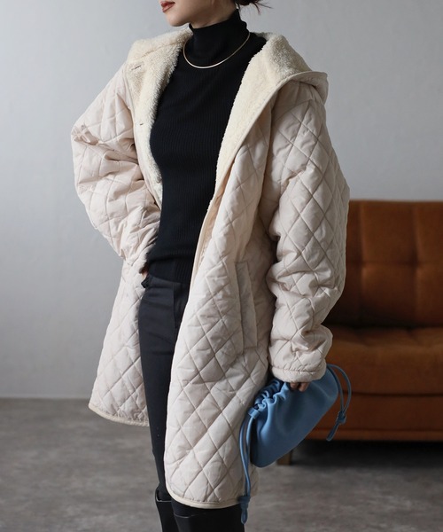 セール】フード付き 裏ボアキルティングコート（ナイロンジャケット