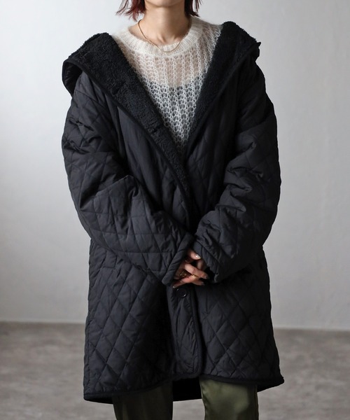 フード付き 裏ボアキルティングコート（ナイロンジャケット）｜Fizz