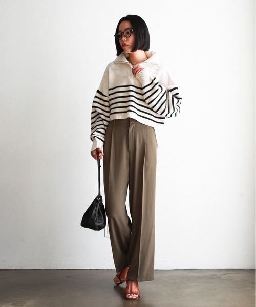 feepur（フェピュール）の「【ハンドウォッシャブル】ハーフジップ畦編みボーダーニットプルオーバー（ニット/セーター・レディース・ブラック/オフホワイト/ピンクベージュ/ホワイト×ネイビー/ブラック×ホワイト・MEDIUM）」の15枚目の写真