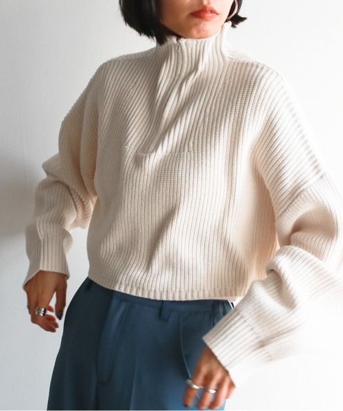 feepur（フェピュール）の「【ハンドウォッシャブル】ハーフジップ畦編みボーダーニットプルオーバー（ニット/セーター・レディース・ブラック/オフホワイト/ピンクベージュ/ホワイト×ネイビー/ブラック×ホワイト・MEDIUM）」の9枚目の写真