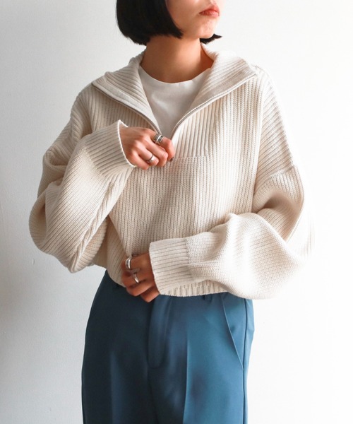 feepur（フェピュール）の「【ハンドウォッシャブル】ハーフジップ畦編みボーダーニットプルオーバー（ニット/セーター・レディース・ブラック/オフホワイト/ピンクベージュ/ホワイト×ネイビー/ブラック×ホワイト・MEDIUM）」の7枚目の写真