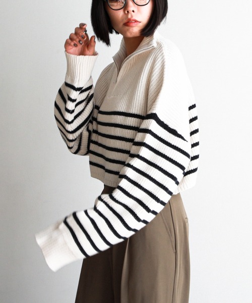 feepur（フェピュール）の「【ハンドウォッシャブル】ハーフジップ畦編みボーダーニットプルオーバー（ニット/セーター・レディース・ブラック/オフホワイト/ピンクベージュ/ホワイト×ネイビー/ブラック×ホワイト・MEDIUM）」の19枚目の写真
