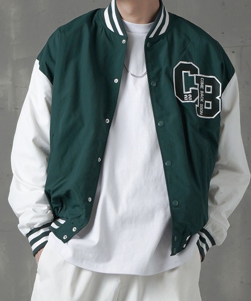 SPINNS（スピンズ）の「【ビッグシルエット】CBロゴリブライン ナイロンスタジアムジャケット（スタジャン・メンズ・グリーン/ピンク/ブラック/サックスブルー/イエロー・ONESIZE）」の3枚目の写真