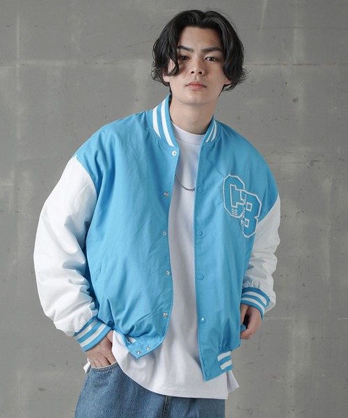 SPINNS（スピンズ）の「【ビッグシルエット】CBロゴリブライン ナイロンスタジアムジャケット（スタジャン・メンズ・グリーン/ピンク/ブラック/サックスブルー/イエロー・ONESIZE）」の9枚目の写真