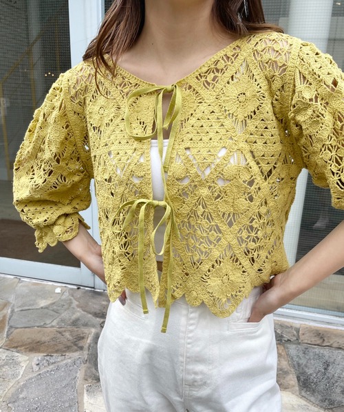 one after another NICE CLAUP（ワンアフターアナザーナイスクラップ）の「かぎ針レースTOPS（Tシャツ/カットソー・レディース・ブラック/アイボリー/マスタード・FREE）」の10枚目の写真