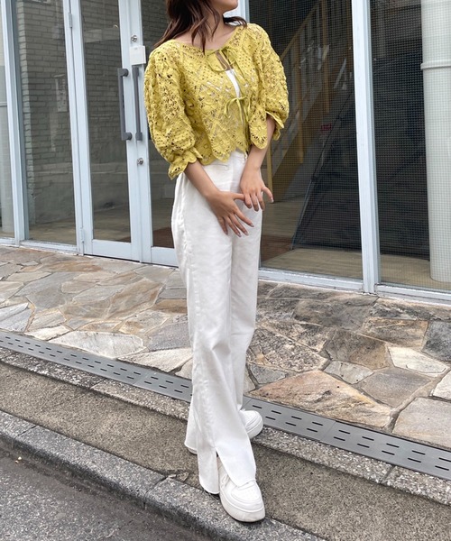 one after another NICE CLAUP（ワンアフターアナザーナイスクラップ）の「かぎ針レースTOPS（Tシャツ/カットソー・レディース・ブラック/アイボリー/マスタード・FREE）」の12枚目の写真