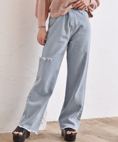 ems excite（エムズエキサイト）の「ダメージデニムPT（その他パンツ・レディース・ライトグレー/オフホワイト/ブルー系その他5/ライトブルー・FREE）」の4枚目の写真