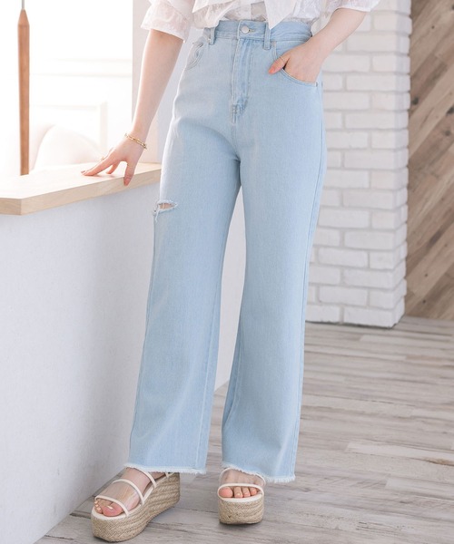 ems excite（エムズエキサイト）の「ダメージデニムPT（その他パンツ・レディース・ライトグレー/オフホワイト/ブルー系その他5/ライトブルー・FREE）」の3枚目の写真