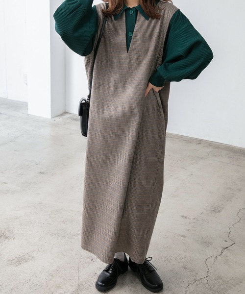 BONLECILL（ボンルシール）の「キーネック ガンクラブチェックジャンパースカート/ワンピース（ジャンパースカート・レディース・ブラック/ブラウン・FREE）」の9枚目の写真