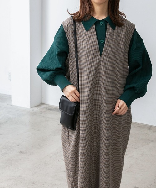 BONLECILL（ボンルシール）の「キーネック ガンクラブチェックジャンパースカート/ワンピース（ジャンパースカート・レディース・ブラック/ブラウン・FREE）」の8枚目の写真