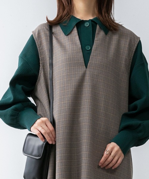 BONLECILL（ボンルシール）の「キーネック ガンクラブチェックジャンパースカート/ワンピース（ジャンパースカート・レディース・ブラック/ブラウン・FREE）」の7枚目の写真