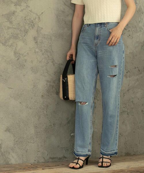 coen（コーエン）の「ストレートダメージデニムパンツ（デニムパンツ・レディース・ライトブルー/ホワイト・M/S/L）」の2枚目の写真