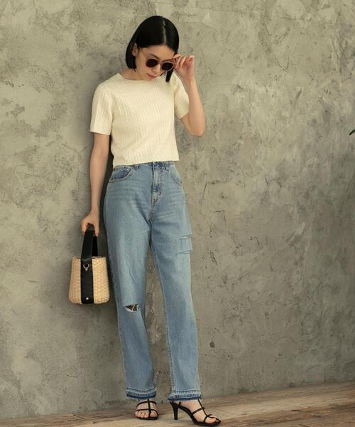 coen（コーエン）の「ストレートダメージデニムパンツ（デニムパンツ・レディース・ライトブルー/ホワイト・M/S/L）」の5枚目の写真