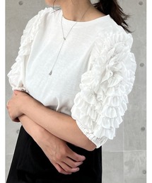 コットンブレンドクルーネックフリル袖Tシャツ