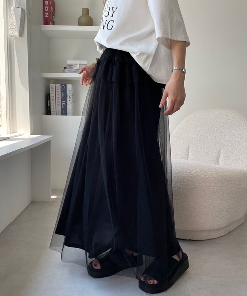 S-LL】歩くたび揺れる姿が美しい とろみチュールスカート