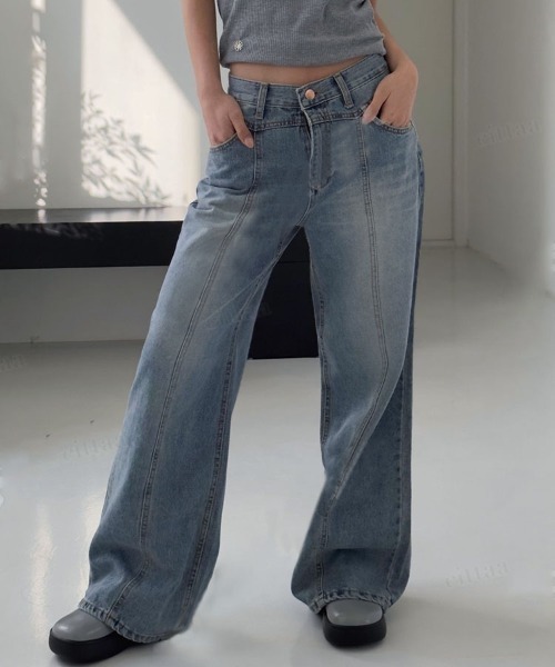 Dalfwin（ダールフィン）の「韓国ファッション フロントシームワイドフレアデニムパンツ（デニムパンツ・レディース・ブルー・SMALL/MEDIUM/LARGE）」の4枚目の写真