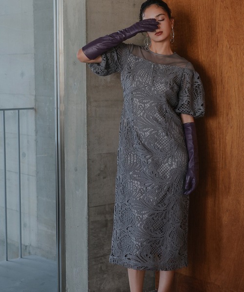 Callarus〕ケミカルレース使いボリューム袖デザインロング丈