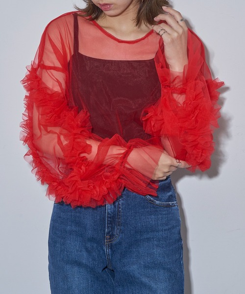 MAISON BREEZE reveur（メゾンブリーズレヴール）の「【MAISON BREEZE reveur】frill sheer tulle blouse フリルシアーチュールブラウス シアートップス trc（シャツ/ブラウス・レディース・ブラック/アイボリー/ブルー/グレー/ダークオレンジ/ブルーグリーン/スモークピンク/チャコールグレー/レッド・FREE）」の8枚目の写真