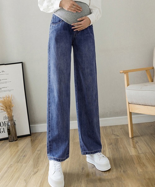 Miniministore(ミニミニストア)の「マタニティズボン デニムセミワイドパンツ(デニムパンツ・レディース・ブラック/ネイビー/インディゴブルー/サックスブルー・M/XL/L)」の1枚目の写真