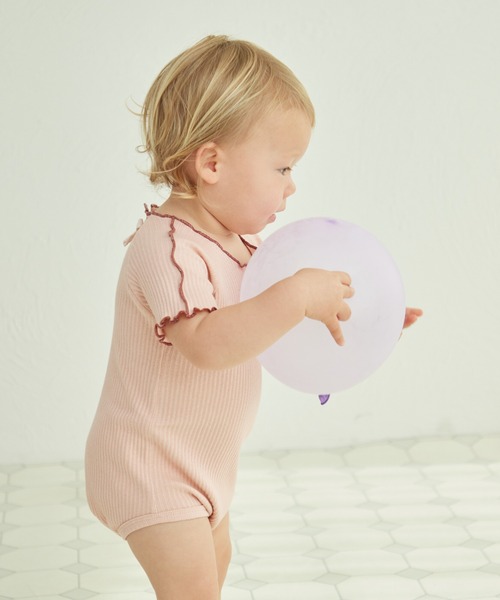 ベビー】リボン付き コットン 配色メローロンパース（ロンパース