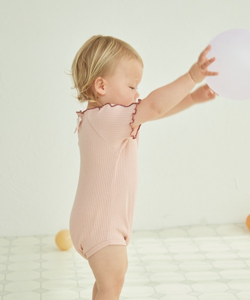 ベビー】リボン付き コットン 配色メローロンパース（ロンパース